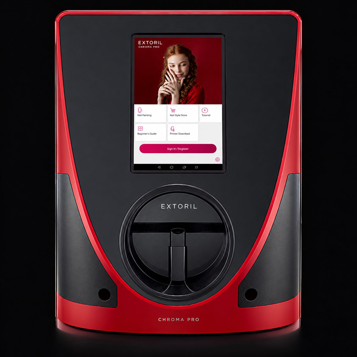 Extoril CHROMA PRO Red & black V12 nail printer — manufacturer photograph retouched for branding; delivered hardware retains manufacturer identity unless confirmed.