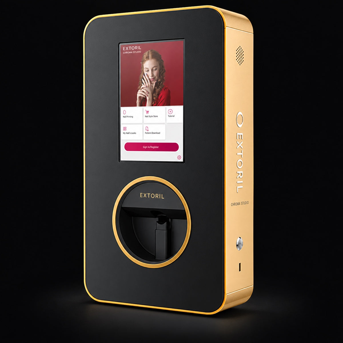 Extoril CHROMA STUDIO Gold & black X12.5 nail printer — manufacturer photograph retouched for branding; delivered hardware retains manufacturer identity unless confirmed.