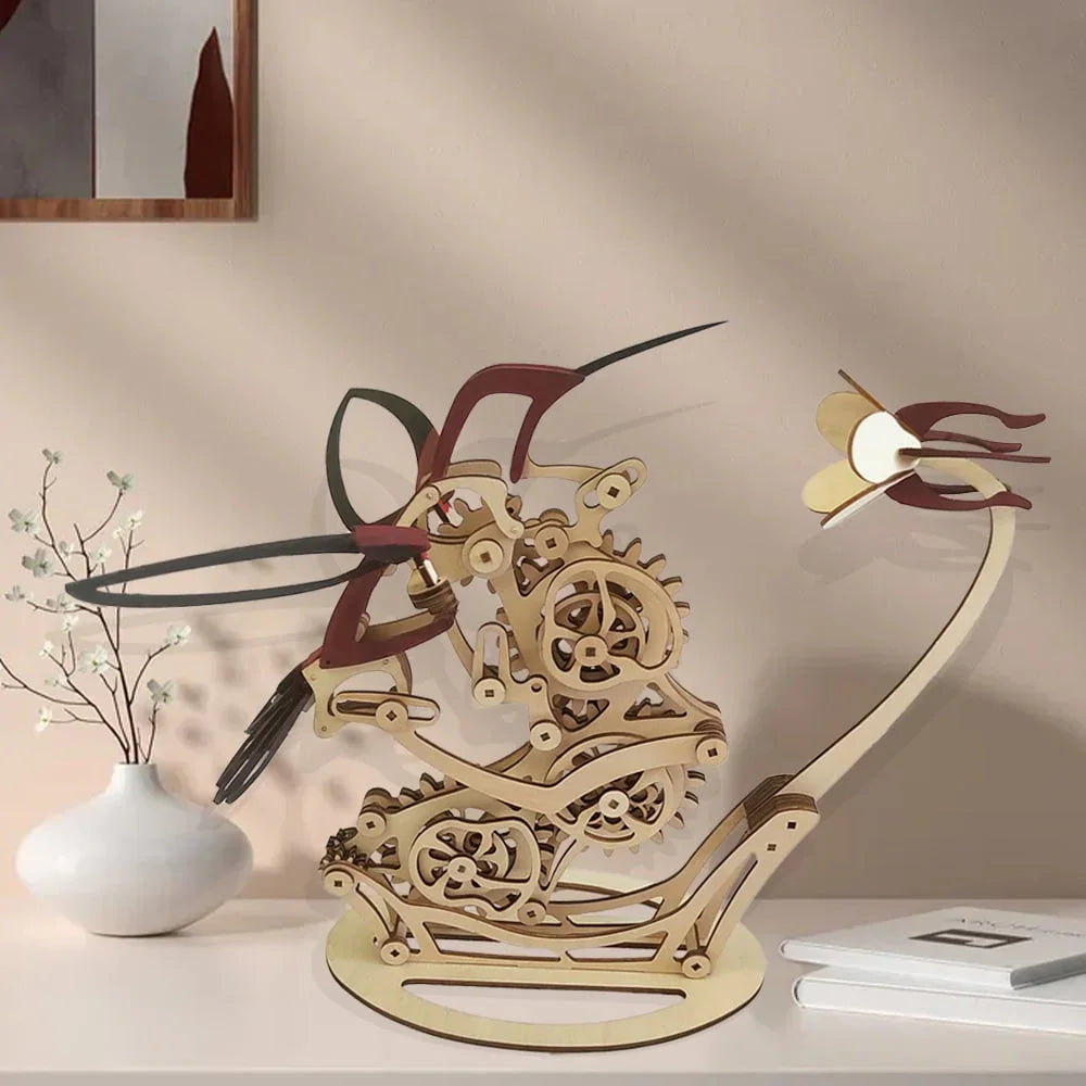 Kinetic Hummingbird Sculpture - 3D Wooden Mechanical Puzzle Kit - 3D Wooden Puzzle by Extoril