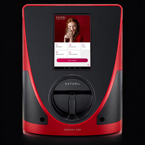 Extoril CHROMA PRO Red & black V12 nail printer — manufacturer photograph retouched for branding; delivered hardware retains manufacturer identity unless confirmed.