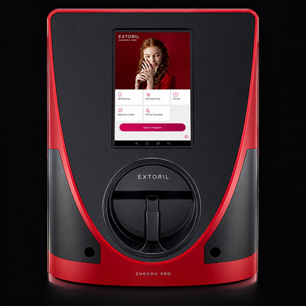 Extoril CHROMA PRO Red & black V12 nail printer — manufacturer photograph retouched for branding; delivered hardware retains manufacturer identity unless confirmed.