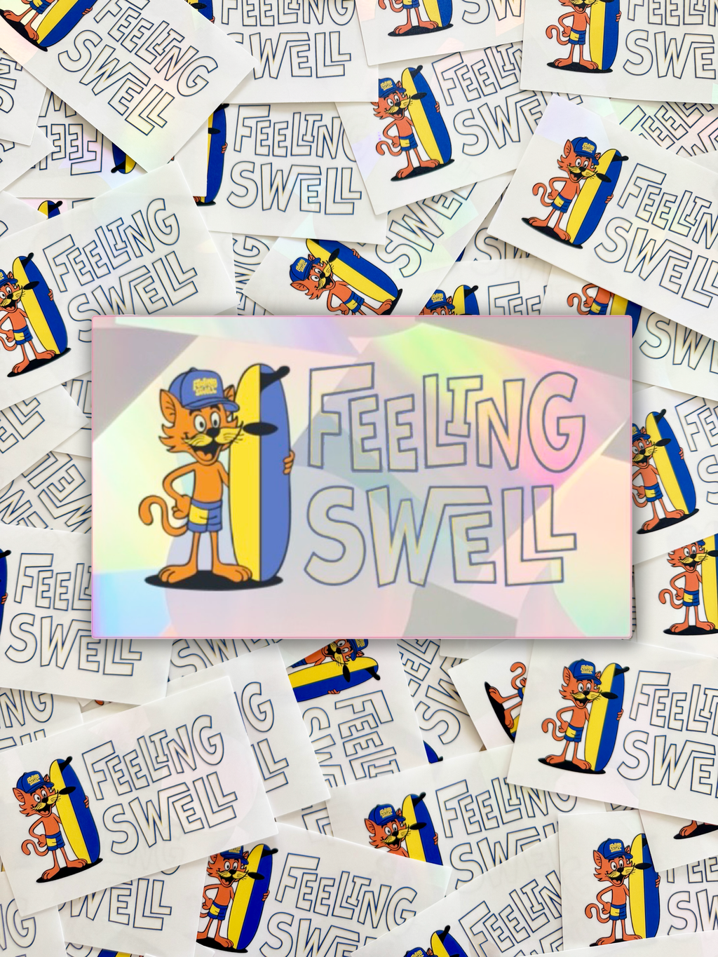 PrismVeil Coolcatwave — Cool Cat Surf Rainbow Sticker