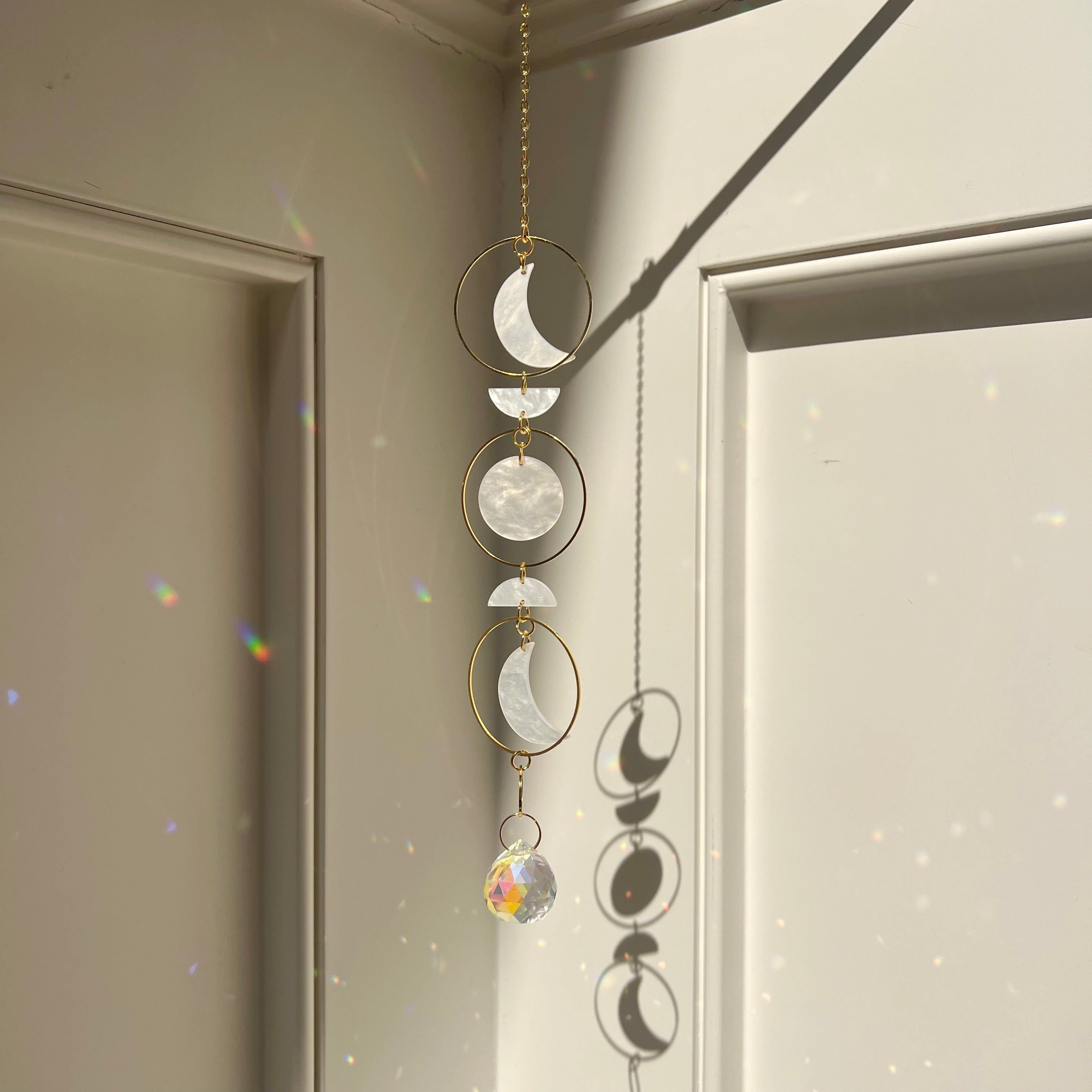 PrismVeil Lunara — Hanging Moon Shell Crystal Suncatcher