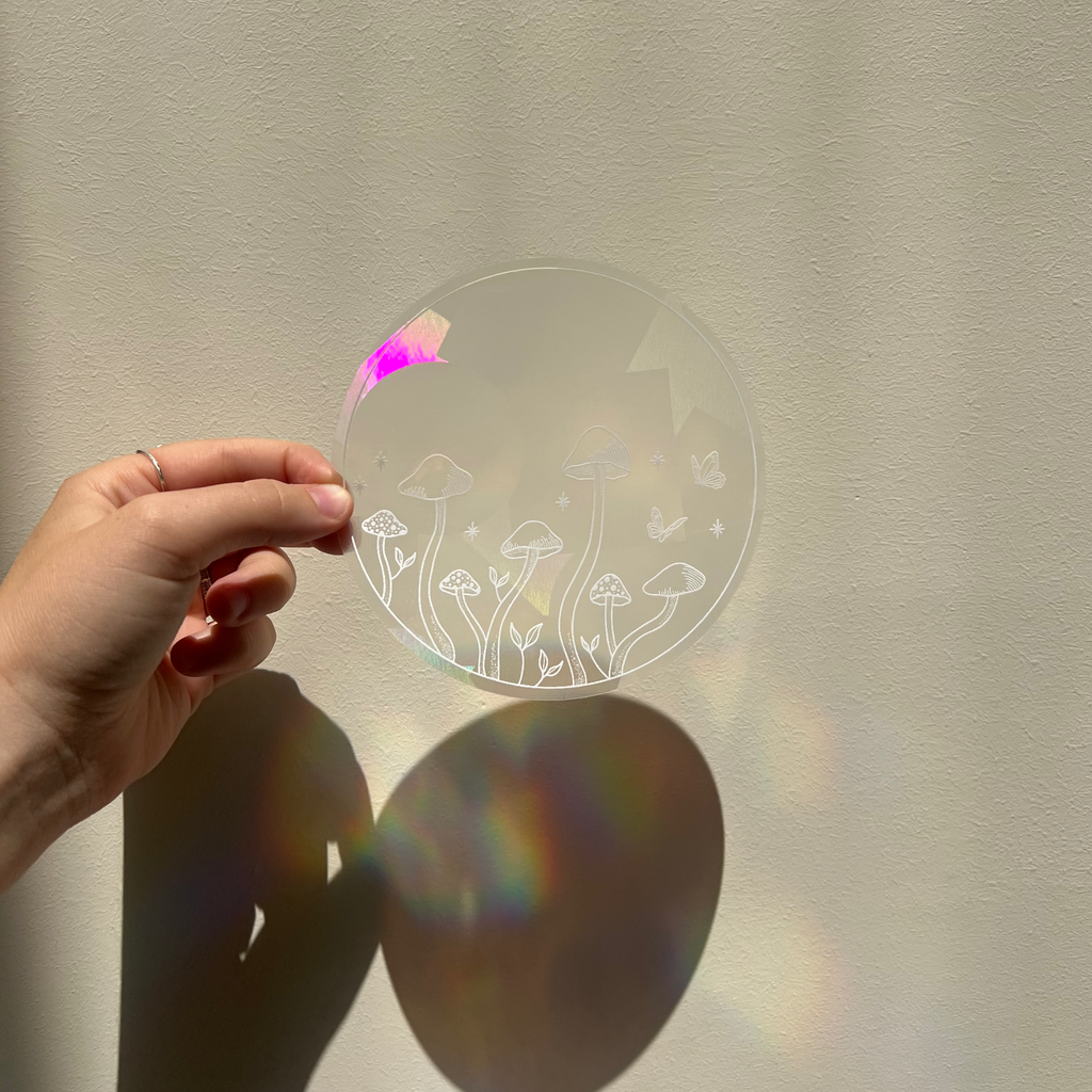 PrismVeil Mycelium — Mushroom Garden Rainbow Window Film