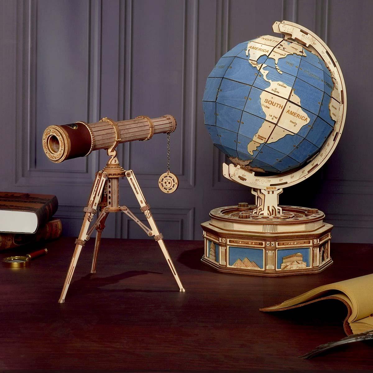 Explorer's Collection - Wooden Globe & Monocular Telescope Set - 3D Wooden Puzzle by Extoril