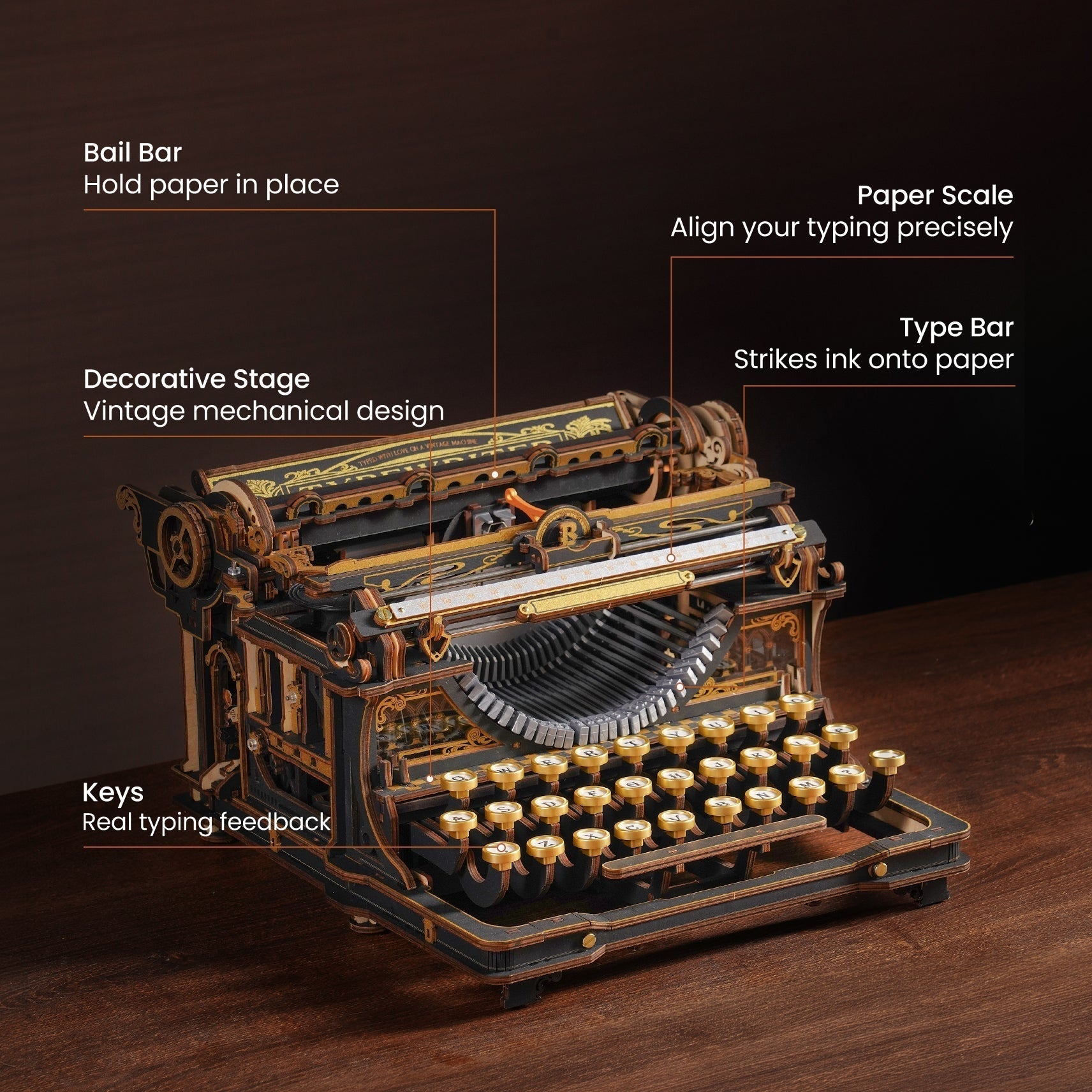 Classic Gold Typewriter Wooden 3D Puzzle - 3D Wooden Puzzle by Extoril