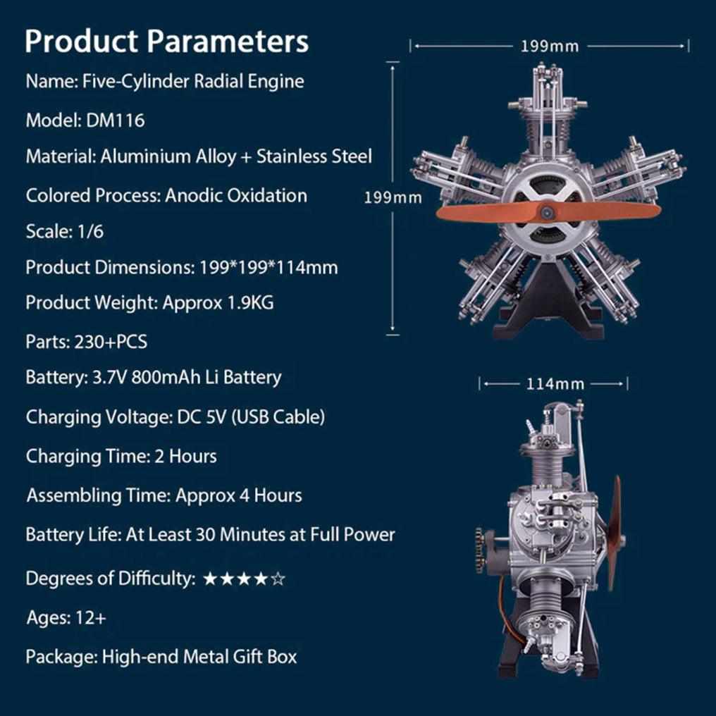 DIY 1/6 Full Metal 5 Cylinder Radial Engine Model Kit - DIY Engine Model by Extoril