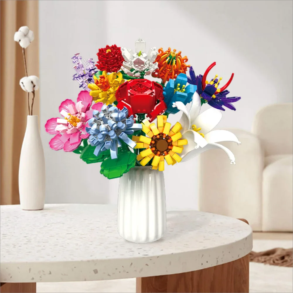 1064 Pc Flower Building Blocks Bouquet Kit Vase - DIY Flower by Extoril