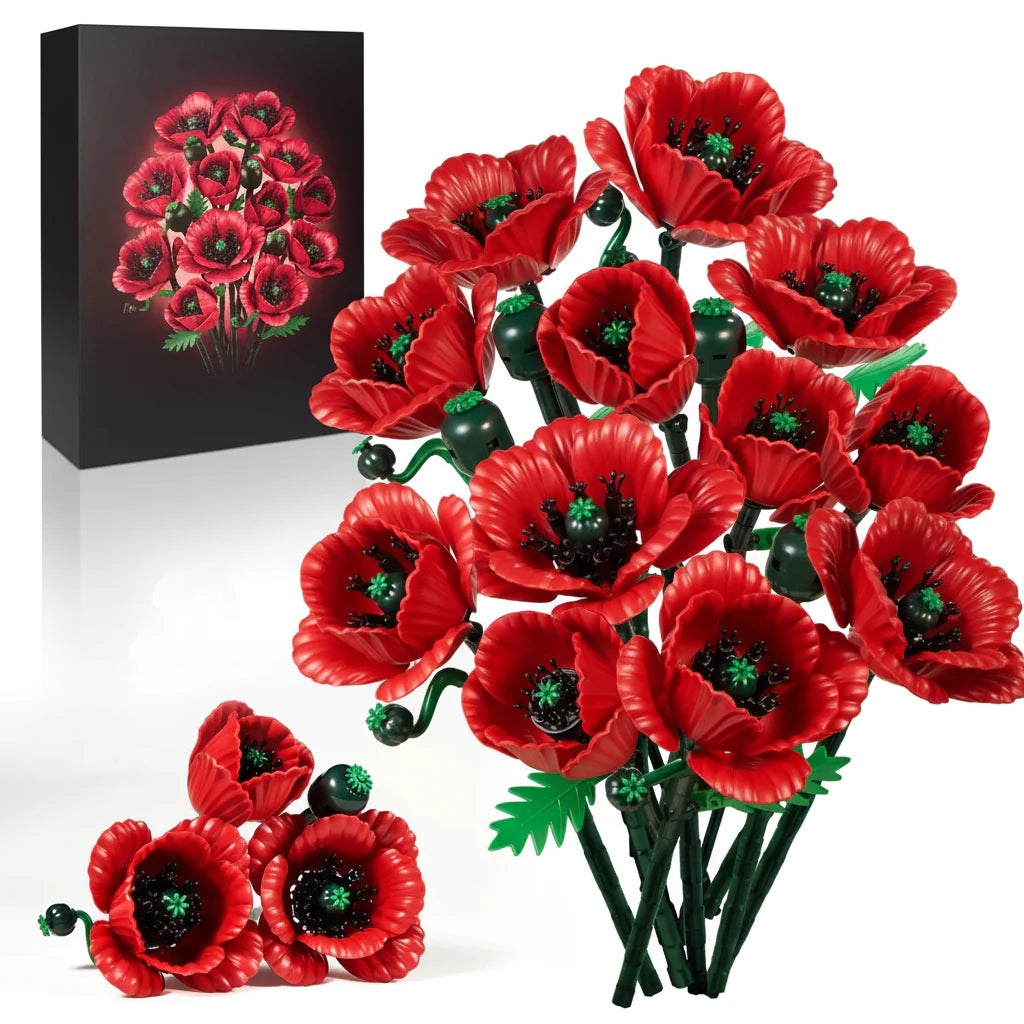 Red Roses & Poppies Building Blocks Set - DIY Flower by Extoril