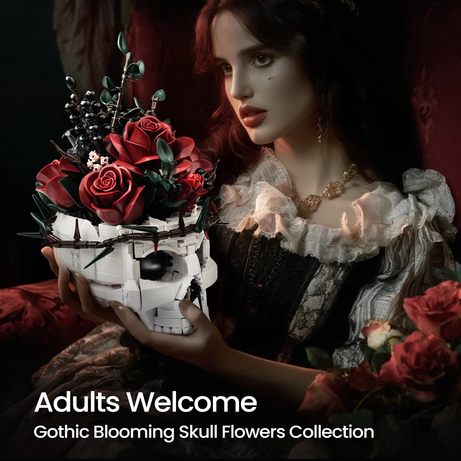 Gothic Skull Roses Bouquet Building Block Set - DIY Flower by Extoril