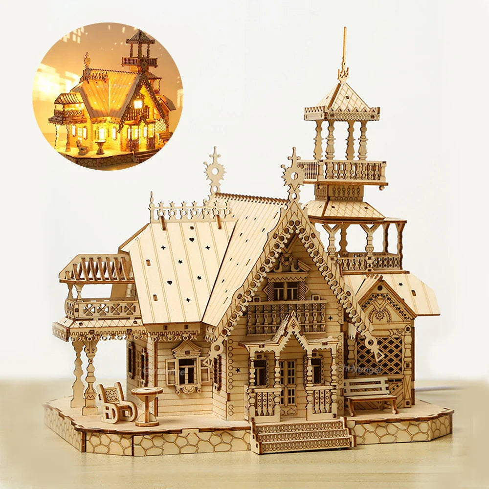 DIY Villa 3D Wooden Model Kit with Light Castle Puzzles Assembly Desk Decoration - 3D Wooden Puzzle by Extoril
