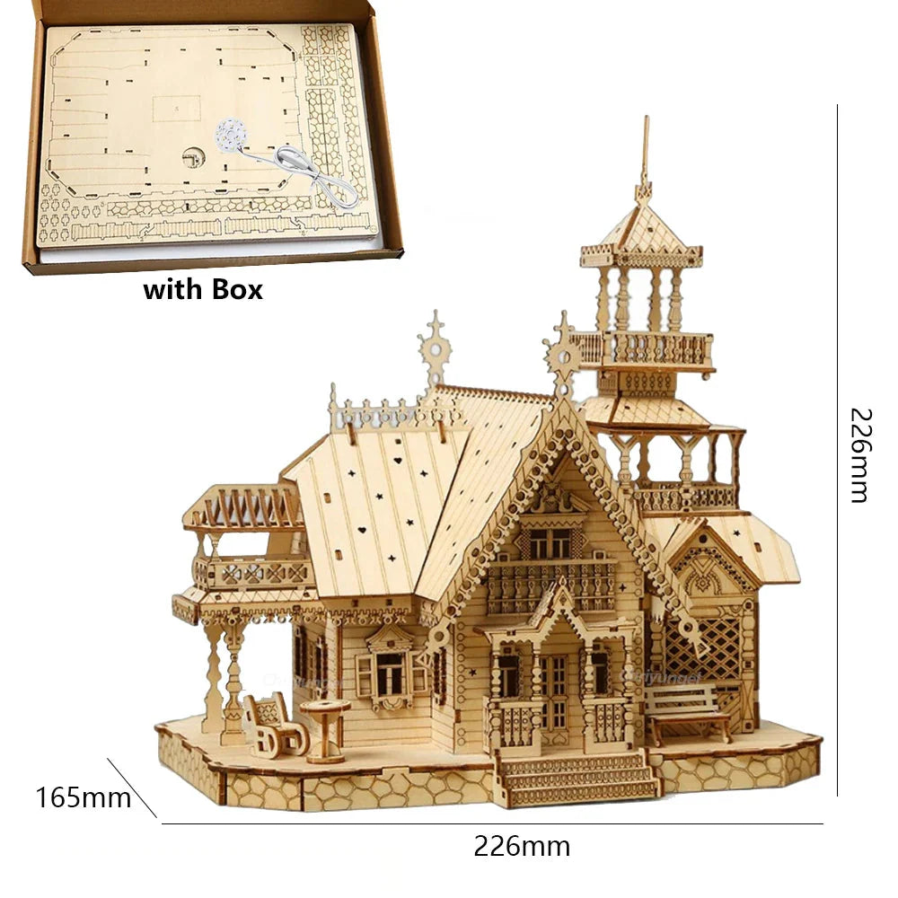 DIY Villa 3D Wooden Model Kit with Light Castle Puzzles Assembly Desk Decoration - 3D Wooden Puzzle by Extoril