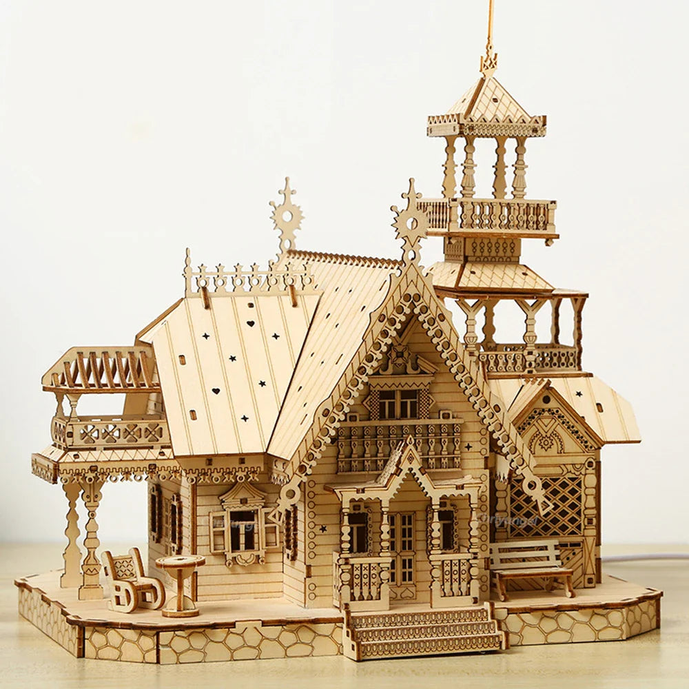 DIY Villa 3D Wooden Model Kit with Light Castle Puzzles Assembly Desk Decoration - 3D Wooden Puzzle by Extoril