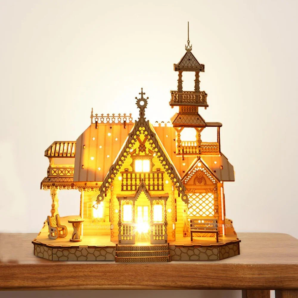 DIY Villa 3D Wooden Model Kit with Light Castle Puzzles Assembly Desk Decoration - 3D Wooden Puzzle by Extoril