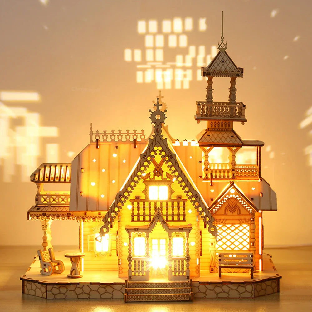 DIY Villa 3D Wooden Model Kit with Light Castle Puzzles Assembly Desk Decoration - 3D Wooden Puzzle by Extoril
