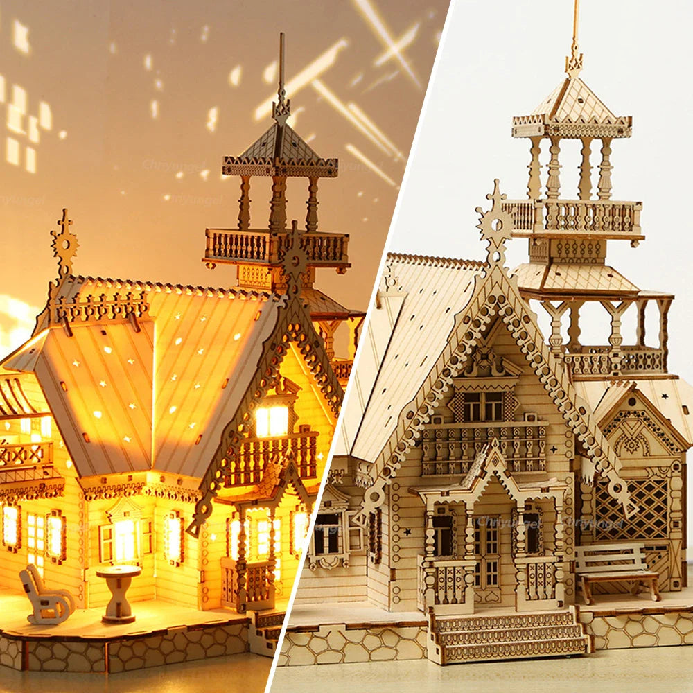 DIY Villa 3D Wooden Model Kit with Light Castle Puzzles Assembly Desk Decoration - 3D Wooden Puzzle by Extoril