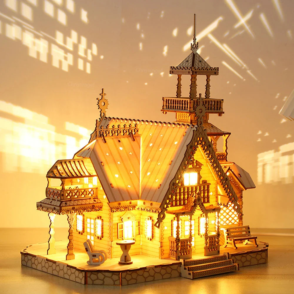 DIY Villa 3D Wooden Model Kit with Light Castle Puzzles Assembly Desk Decoration - 3D Wooden Puzzle by Extoril