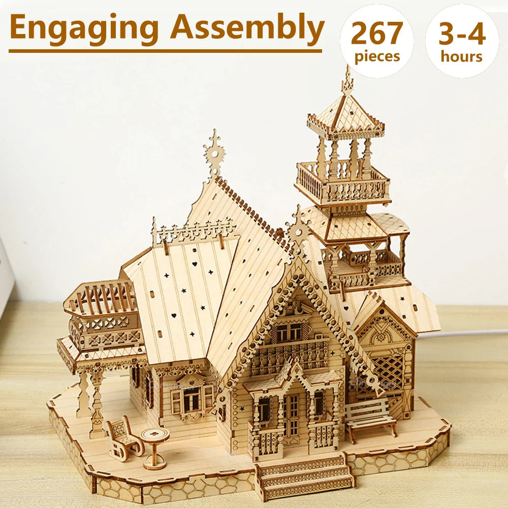 DIY Villa 3D Wooden Model Kit with Light Castle Puzzles Assembly Desk Decoration - 3D Wooden Puzzle by Extoril