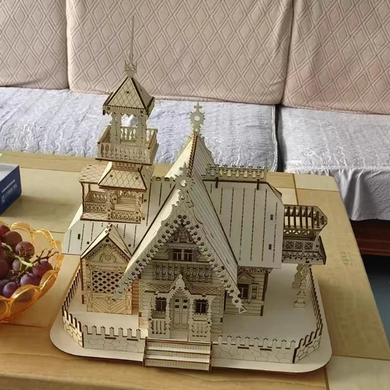 DIY Villa 3D Wooden Model Kit with Light Castle Puzzles Assembly Desk Decoration - 3D Wooden Puzzle by Extoril