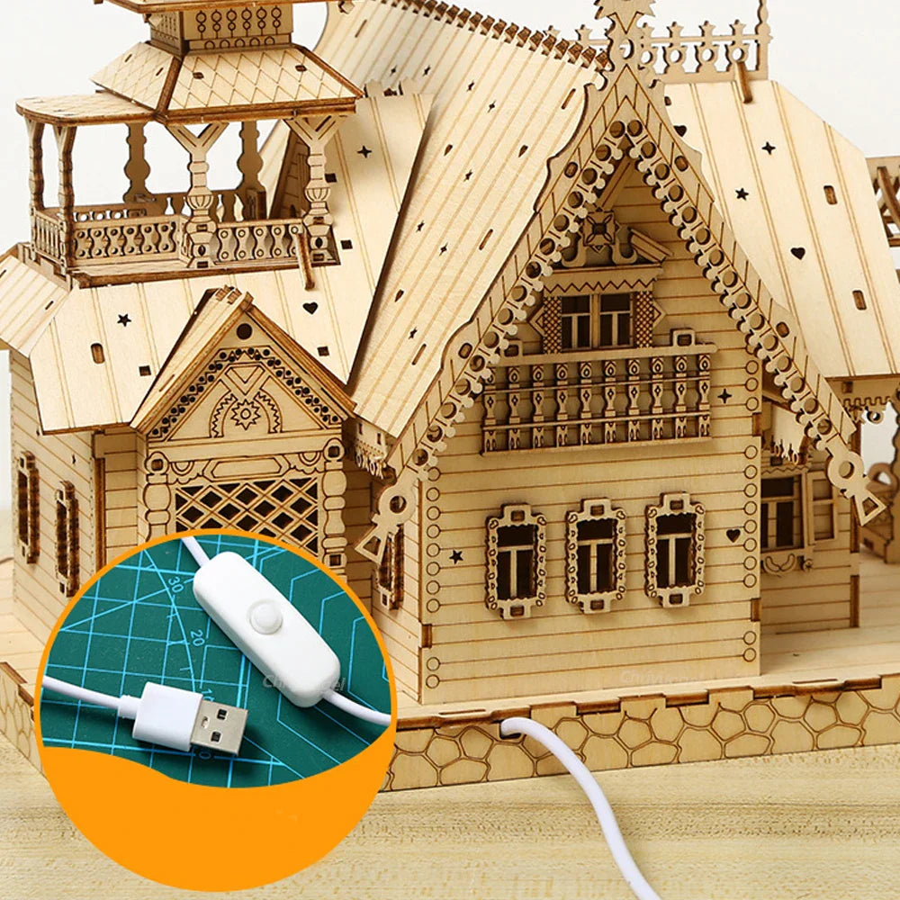 DIY Villa 3D Wooden Model Kit with Light Castle Puzzles Assembly Desk Decoration - 3D Wooden Puzzle by Extoril