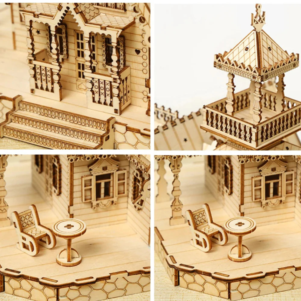 DIY Villa 3D Wooden Model Kit with Light Castle Puzzles Assembly Desk Decoration - 3D Wooden Puzzle by Extoril