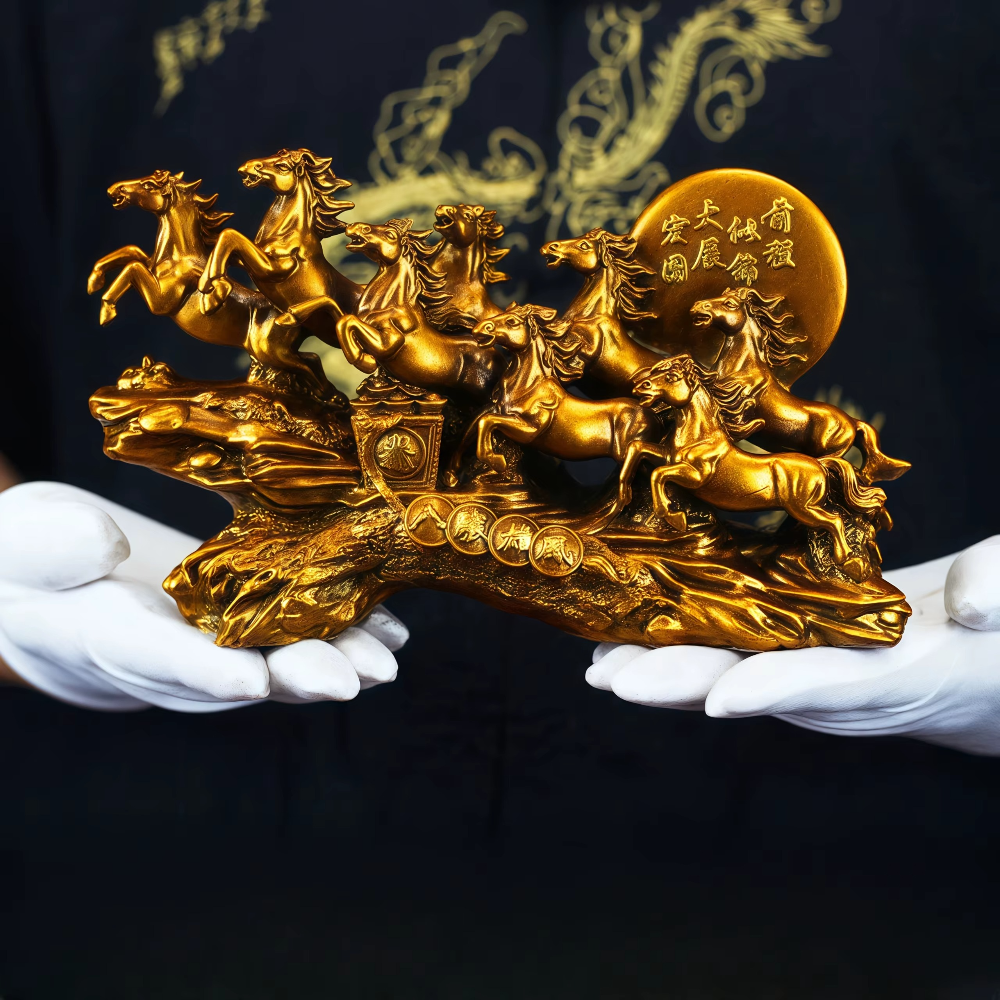 Majestic Eight Galloping Horses Feng Shui Resin Sculpture - home decor by Extoril
