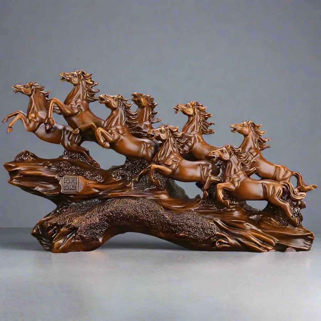 Majestic Eight Galloping Horses Feng Shui Resin Sculpture - home decor by Extoril