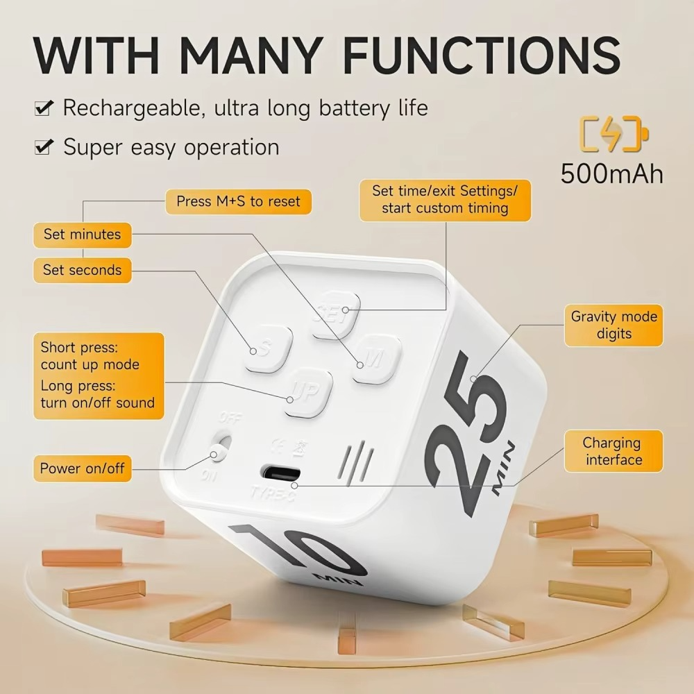 Pomodoro Timer Cube with Flip Productivity Countdown Presets - Gadget by Extoril