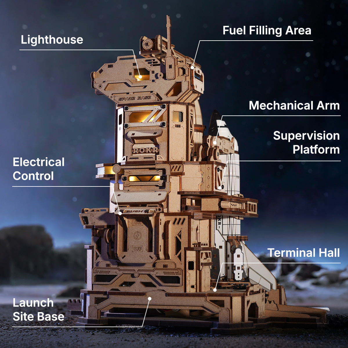 Space Shuttle 3D Wooden Puzzle with LED Launch Pad - 3D Wooden Puzzle by Extoril