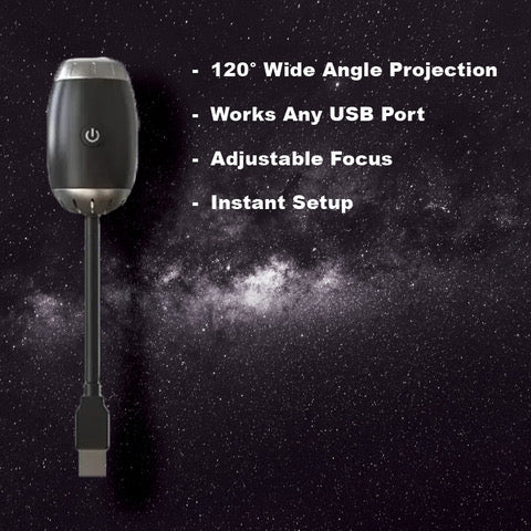 StarVeil AuraDrift Light features infographic - 120 degree projection, USB powered, adjustable focus by Extoril