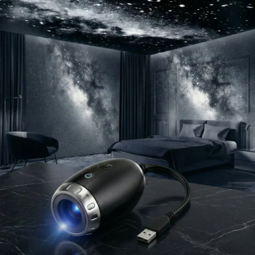 StarVeil AuraDrift Light projecting dreamy starfield onto bedroom ceiling - ambient LED projector by Extoril