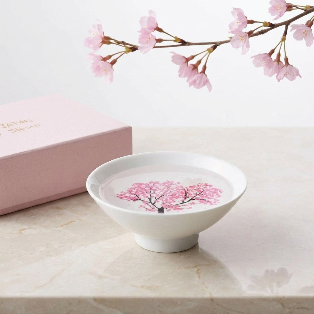 One HIYAZAKURA cup in full pink bloom on a marble table, beside a pink box and a sprig of cherry blossom
